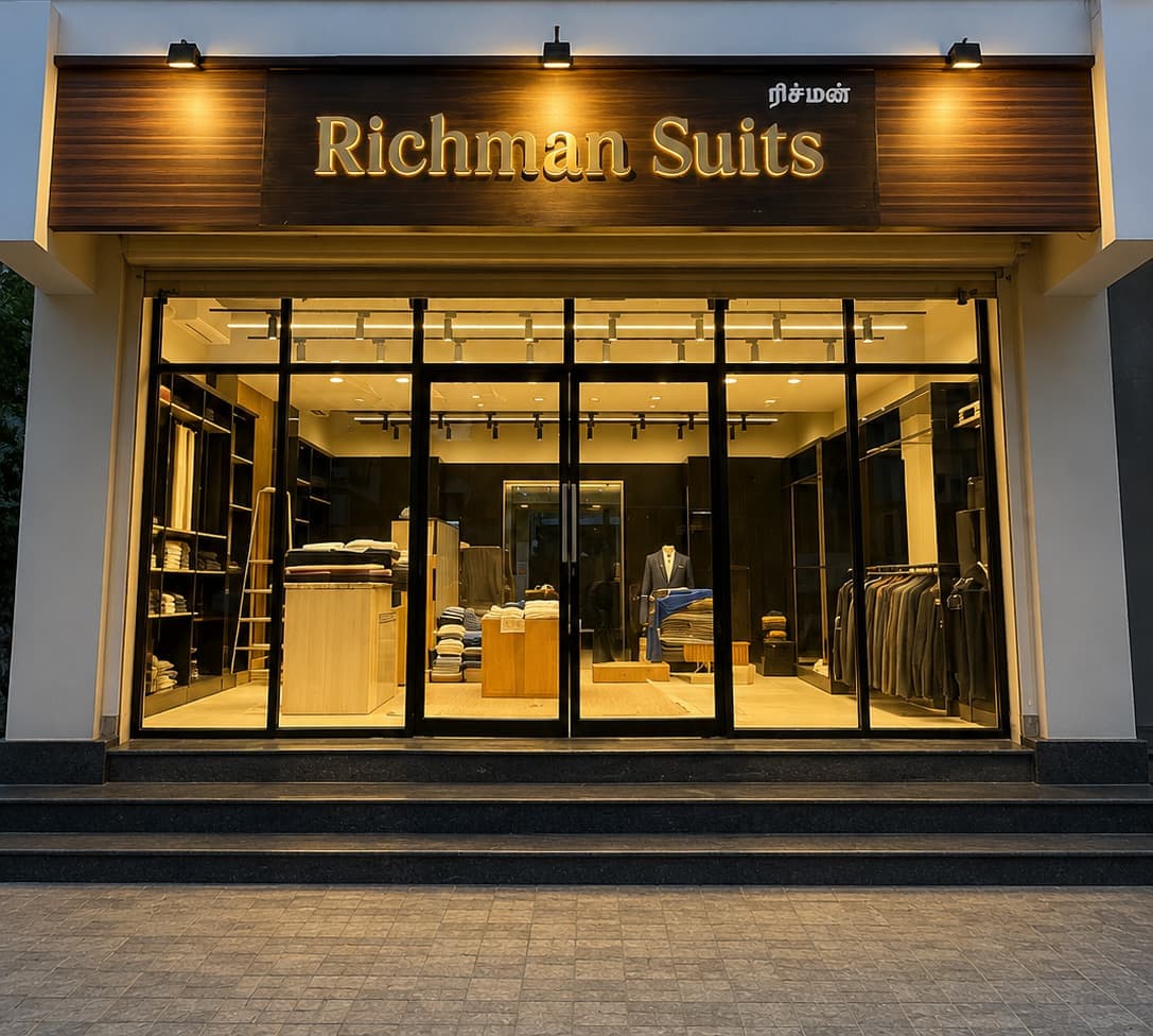 Richman Suits Gold storefront glowing at dusk in Guindy, Chennai